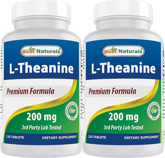 Best Naturals L-Theanine 200mg per Tablet (400mg per 2 Tablets) - Promotes Relaxation Without Drowsiness - 120 Vegetarian Tablets - (120 Count (Pack of 2))