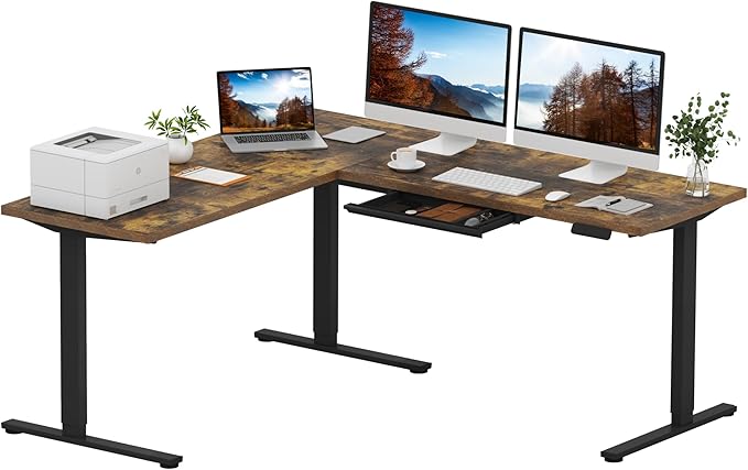 SANODESK L Shaped Electric Standing Desk with Drawer, 71 Inch Ergonomic Adjustable Height Desk with Storage, Corner Desk Sit Stand up Computer Table for Work Office Home, Rustic Brown