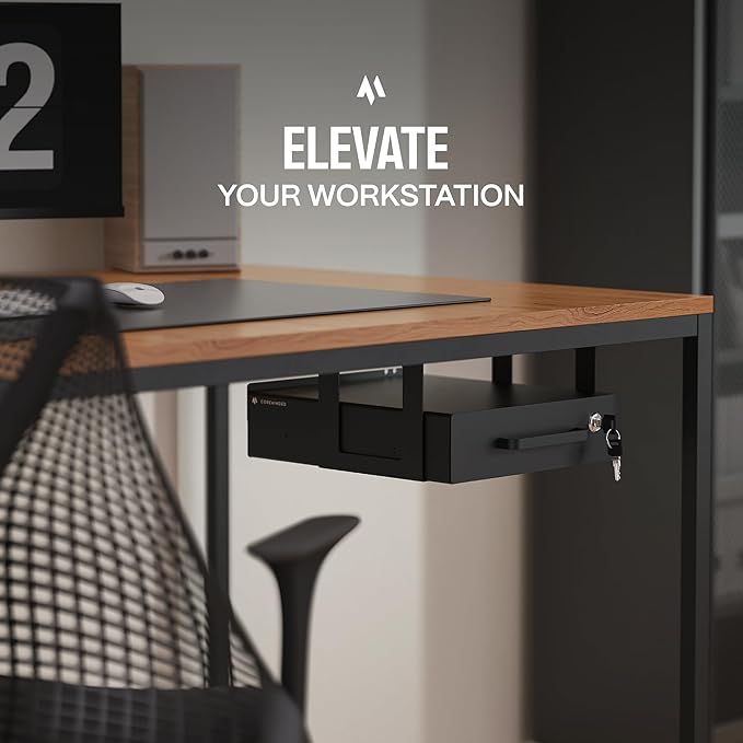 Under Desk Drawer Slide-Out – Lockable Metal Storage Drawer with Cable Management for Office & Home (Single, Bracketed)