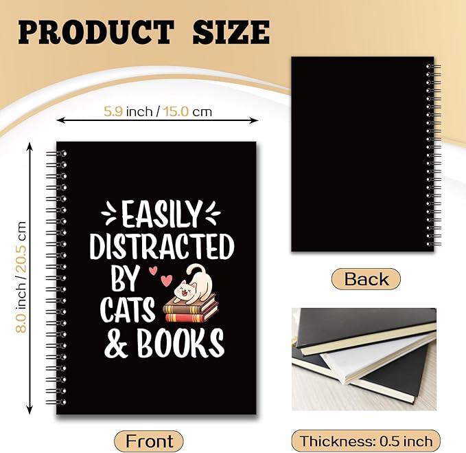YAZMEEN Funny Cat Blank Spiral Notebook（160 Pages） Easily Distracted by Cats and Books Hardcover Sketchbook Cat Lover Notebook Book Lover Journal Funny Birthday Gifts for Librarian Bookworm Teacher