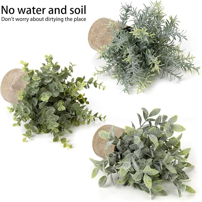 Briful Artificial Potted Plants Set of 3 Small Faux Plant Eucalyptus Mini Fake Plant Decor for Home Table Office Room Desk Bathroom Shelf Kitchen Rustic Farmhouse Mantel Decoration
