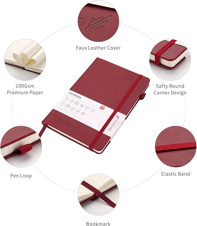 Deziliao Lined Journal Notebooks with Pen Loop, Hardcover Notebook Journal for Work, 100Gsm Premium Thick Paper with Inner Pocket, Medium 5.7"x8.4", （Red, Ruled）