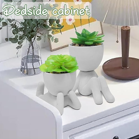 Zerzsy 2PCS Cute Artificial Succulent Plants with Creative Human Shaped Pots, Desk Decoration Artificial Plants Indoor for Home and Office Decor(Cement Gray)