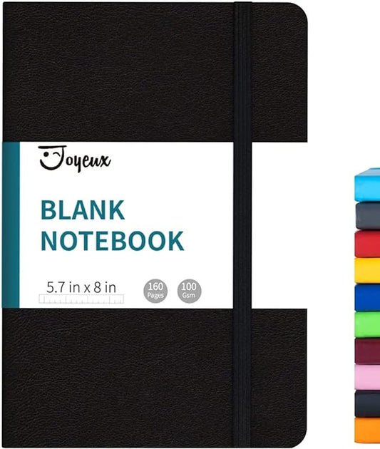JOYEUX Blank Journal Notebook, A5, 160 Pages 100 Gsm Thick Sketch Books Hardcover Journal for Writing, 5.7 inches x 8 inches Notebooks for Work (Black)