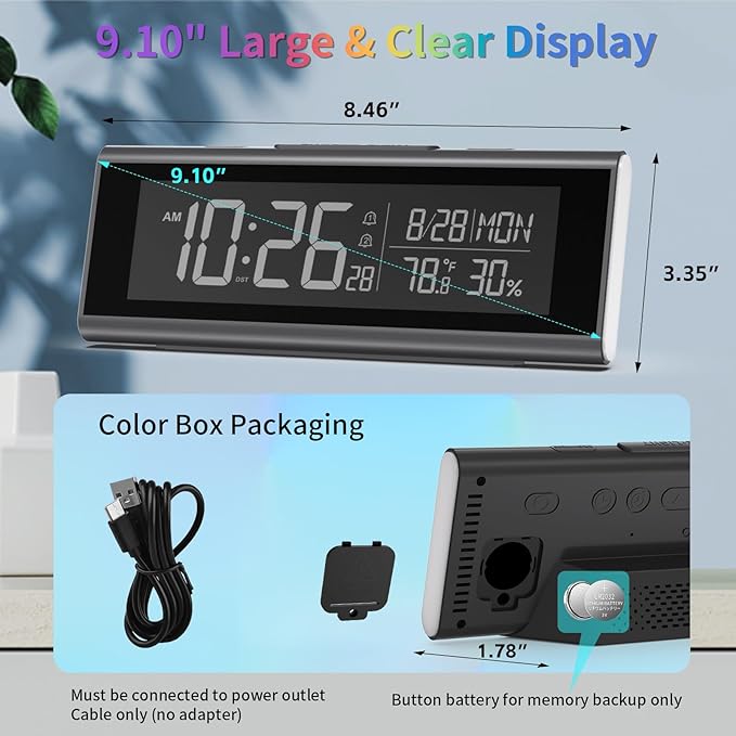 Digital Alarm Clocks for Bedrooms, LED Desk Clock with RGB Night Light, Brightness Dimmer, Date, Week, Temperature Large Display, Modern Decor for Desk, Office, Gift for Kids, Teen, Adults (Black)
