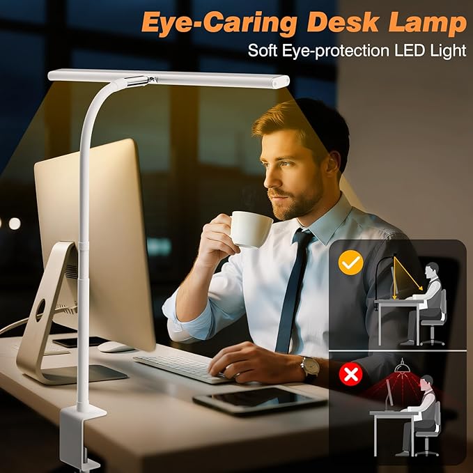 LED Desk Lamp for Office Home, Eye-Caring Desk Light with Stepless Dimming Adjustable Flexible Gooseneck, 10W USB Adapter Desk Lamp with Clamp for Reading, Study, Workbench