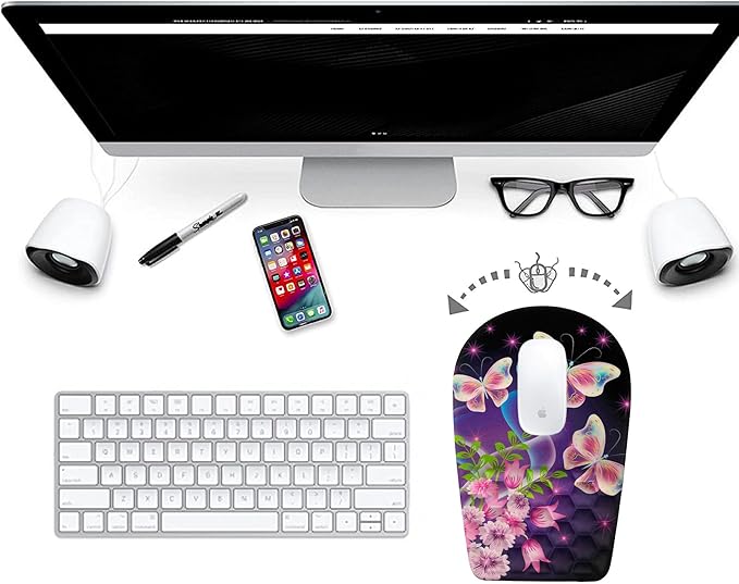 Ergonomic Mouse Pad Wrist Support,Upgrade Mousepad with Massage Design,Non-Slip PU Base Desktop Mouse Pads for Pain Relief, Computer, Office & Home,12 x 8 in（F-Butterfly with Flower）