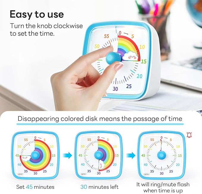Yunbaoit Visual Timer with Night Light, 60-Minute Rainbow Countdown Timer for Kids and Adults, Time Management Tool for Home, School, Kitchen, or Office (Blue)