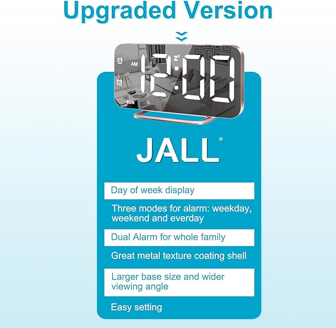 Slim LED Digital Alarm Clock, Mirror Surface for Makeup, with Diming, Large Display, Easy Setting, USB Ports, Modern Decor for Bedroom, Desk, Christmas, Birthday Idea Gift for Women, Sister, Mom, Pink