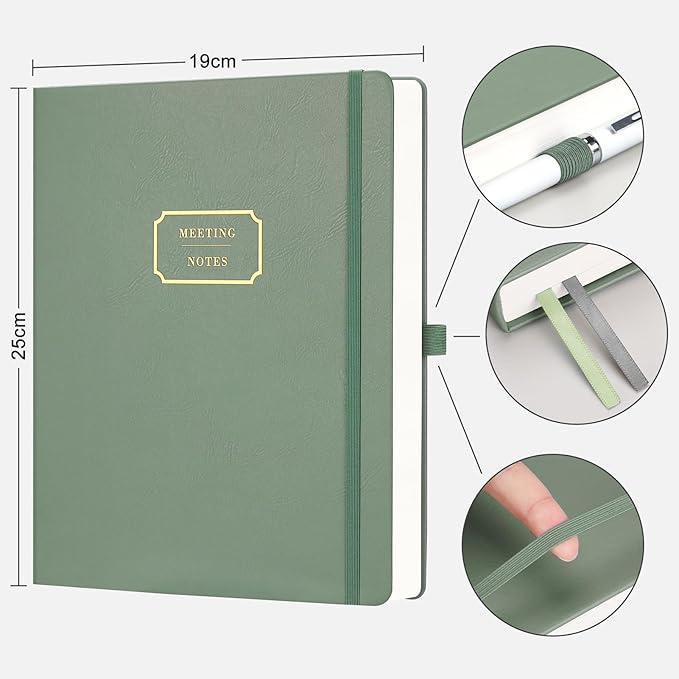 EMSHOI Meeting Notebook for Work with Action Items - 320 Pages B5 Thick Project Planner Agenda Organizer Work Notebook for Women Men Office Business, PU Leather Hardcover, 7.5" x 10", Green