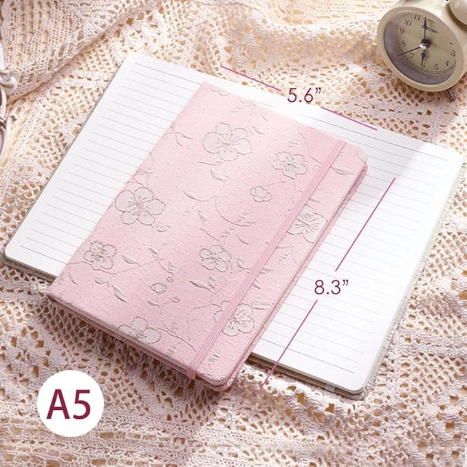 A5 Notebook, Ruled Paper, Lined Page, Hardcover, Layflat, Linen Cover, Flower Fabric, Journal for Women, Elastic Band Closure, Cute Notebooks for School, Office, Personal Writing, Pink