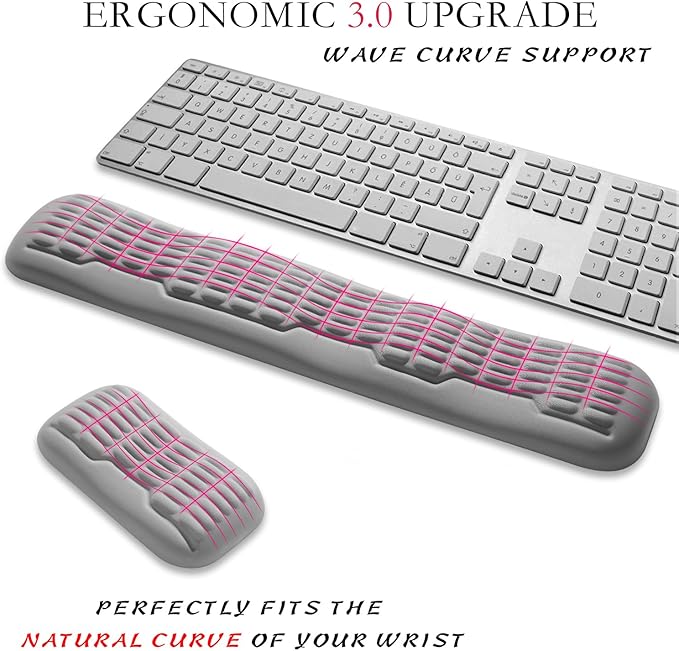 UnivoColors Full-Sized Keyboard & Mouse Wrist Rest Set-Ergonomic 3.0 Upgrade,Wave Curve Support,Comfortable Support & Fatigue Relief,Non-Slip Base,Perfect for Work & Gaming(Grey)