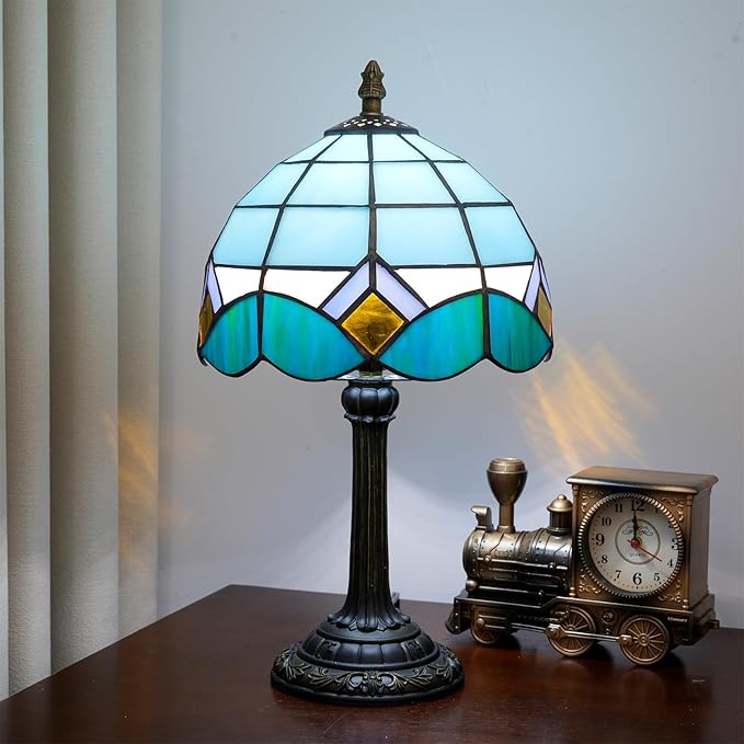 Sky Blue and White Lamp Small Tiffany Lamps Bedside Nightstand for Bedroom Dector Light Stained Glass Table Lamp Living Room Kitchen Night Lamp Farmhouse Cute 8 Inch Aesthetic Mediterranean Desk Lamps