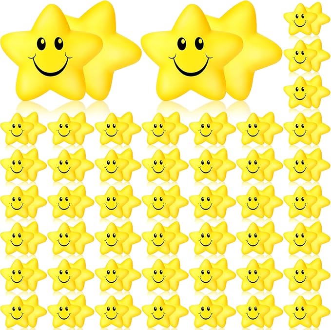 Kasyat 100 Pcs Star Smile Face Stress Balls Bulk 2.2 Inch Mini Foam Smile Ball Yellow Small Stress Relief Toy for School Reward Student Prizes Birthday Party Favor