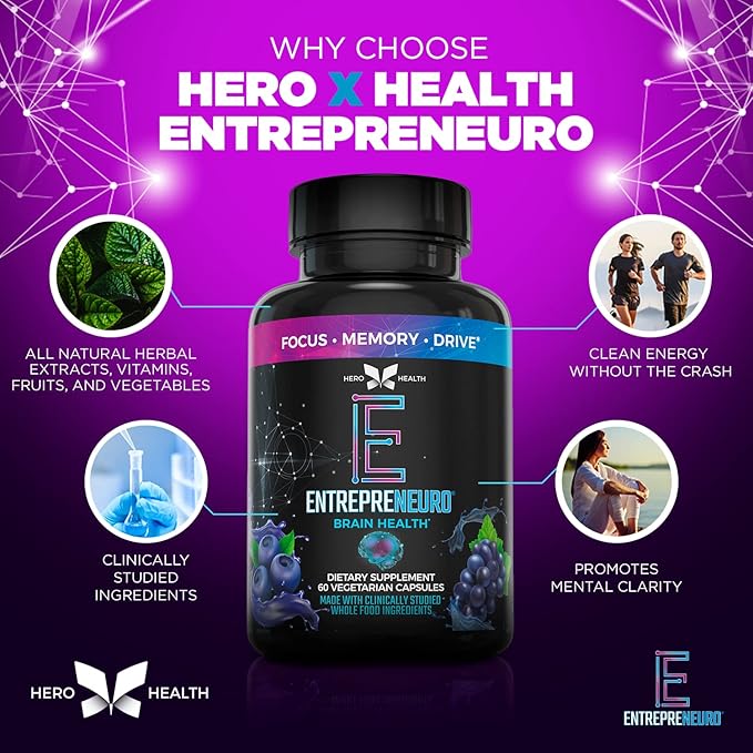 Hero X Health | Entrepreneuro Nootropic Brain Booster with Ginkgo Biloba, Memophenol and L-Theanine - Brain Supplement for Focus, Memory Support, Clarity & Energy - Nootropics Brain Support Supplement