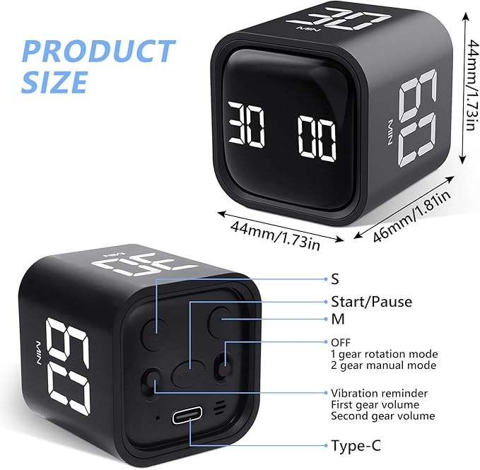Digital Cube Productivity Timer - Rotating Pomodoro Timer with Gravireceptor 5-10-30-60 Min Custom Countdown, Vibration & Adjustable Volume for Learning Office Kitchen Desk, Black