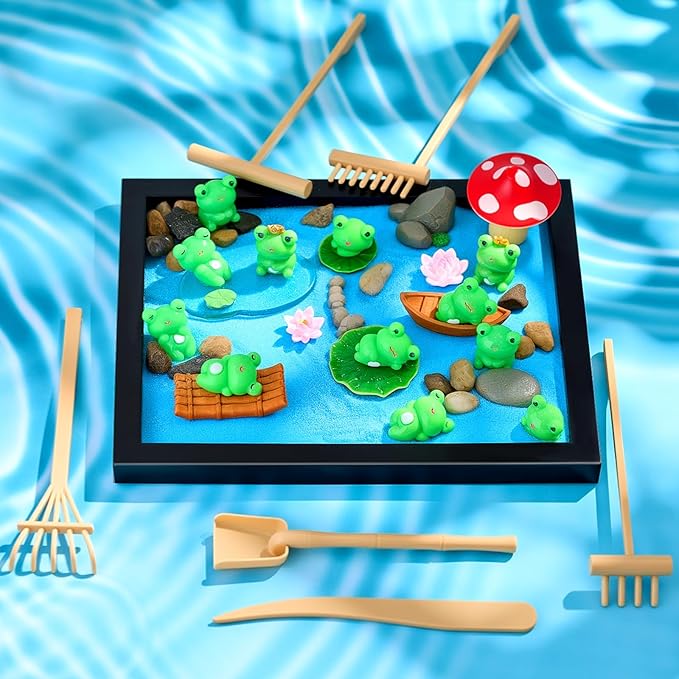 Soulchen Zen Garden Kit for Desk Decor Zen Sand Garden Box Set with Black Wooden Tray, Blue Sand, Tools & Accessories Japanese Gifts for Desktop Meditation Room Office Home(Frog)