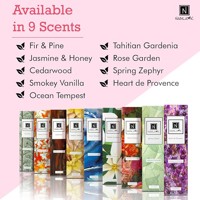 Nabila K Rose Garden Reed Diffuser Set – Damask Rose Aromatic Oil for Home – Long-Lasting, Smokeless Scent – Made in USA – Includes Reeds + Bottle – Flameless Candle Alternative