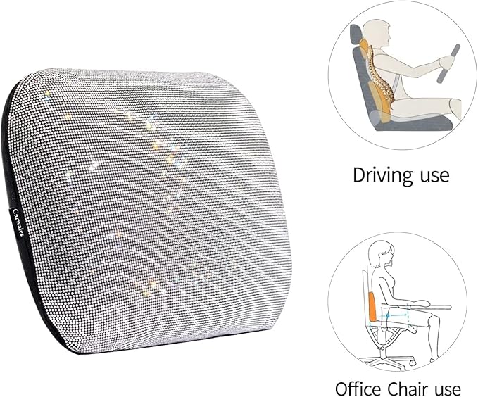 Lumbar Support Pillow Summer Decorative for Car Soft Bling Accessories Sparkly Diamond Rhinestone for Women Girls, Universal Office Chair Lower Back Cushion Rubber Black