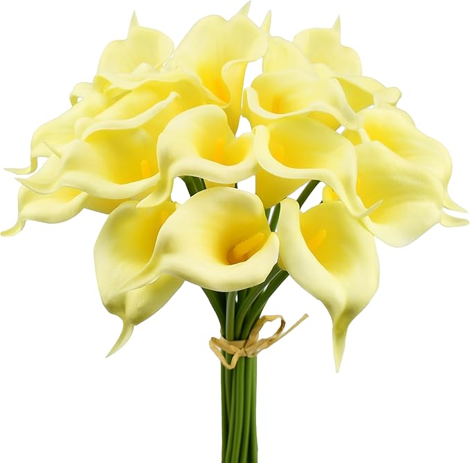 Mandy's PU Light Yellow Calla Lily Artificial Flowers 20 Stems 13.5in Faux Realistic Centerpiece DIY Bridal Bouquet Home Décor
