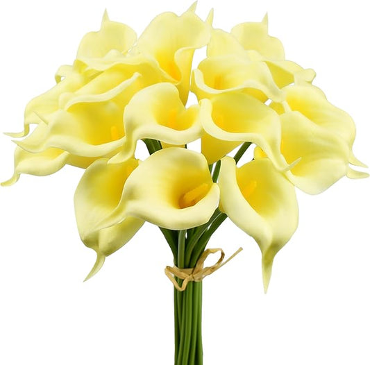 Mandy's PU Light Yellow Calla Lily Artificial Flowers 20 Stems 13.5in Faux Realistic Centerpiece DIY Bridal Bouquet Home Décor