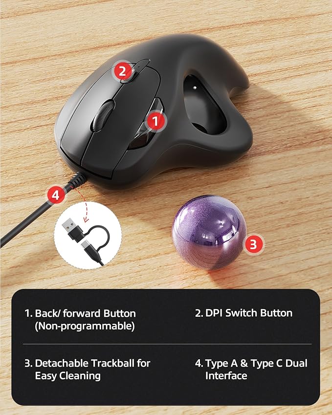 Nulea M509 Trackball Mouse Wired, Ergonomic Design, Easy Thumb Control, Precise & Smooth Tracking, 2-in-1 Interface (Type A &Type C), Compatible for PC, Laptop, Mac, Window(Purple).