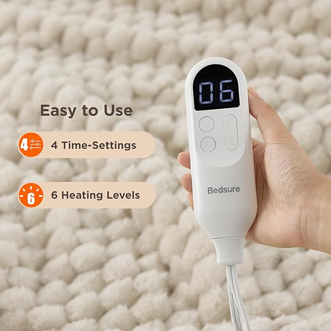 Bedsure Heated Blanket Throw - Super Soft Flannel Sherpa Electric Blanket with Bubble Pattern, Heating with 6 Heating Levels, 4 Time Settings, and 3-Hour Auto-Off (Light Brown, 50x60 inches)