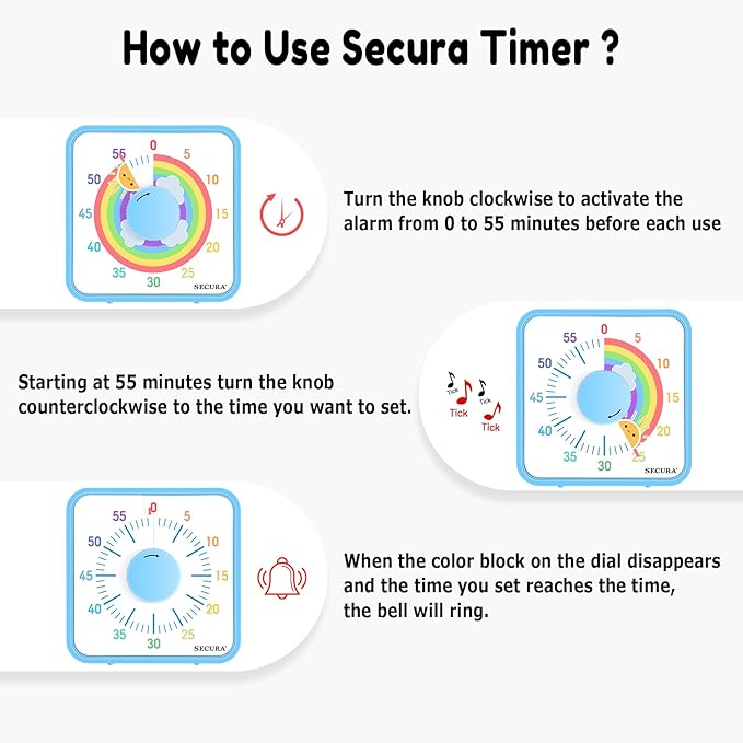 Secura 60-Minute Visual Timer, 7.5 Inch Magnetic Rainbow Countdown Timer for Classroom or Kitchen, Durable Mechanical Timer Clock with Magnetic Backing (Blue & Sun)