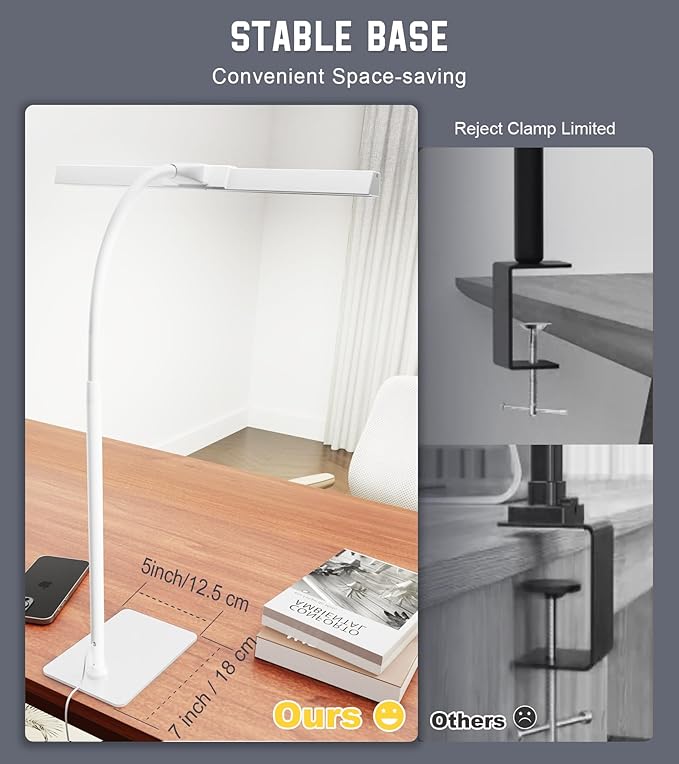 LED Desk Lamp for Home Office with Base, Eye-Caring Architect Task Light with Adjustable Gooseneck 12W USB Adapter Touch Control 5 Dimmable Brightness & Color Tall Lamp for Work,Reading,Craft