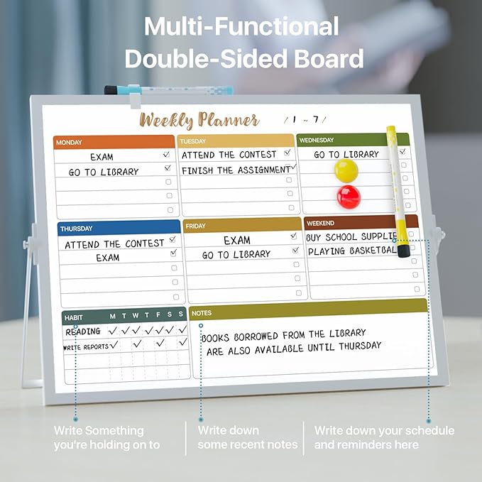 Dry Erase White Board with Stand,Double-Sided Weekly Whiteboard 12"x16", 10 Markers, 6 Magnets, 1 Eraser, Portable Desktop Whiteboard for Planning,Weekly Schedule Board for School for Home