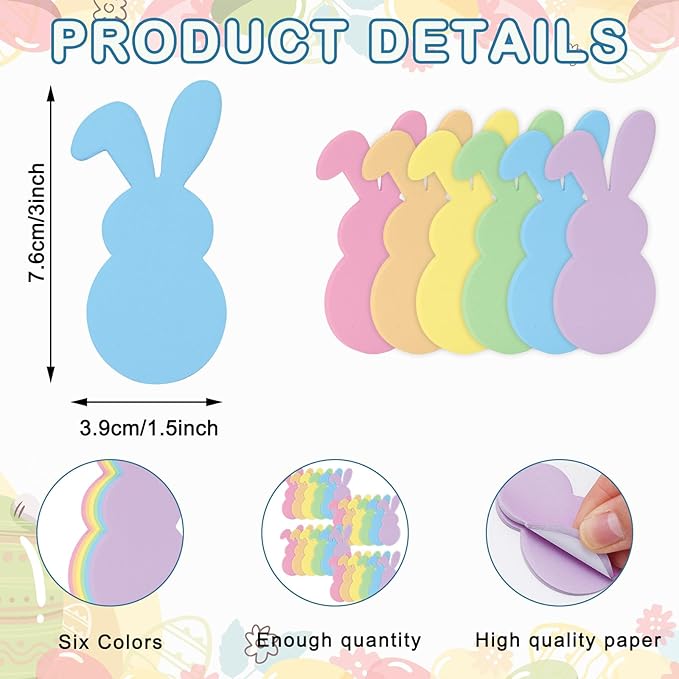 24 Pack Easter Bunny Sticky Notes Pastel Cute Bunny Sticky Notepads 6 Colors 3 x 1.5 Inch Spring Rabbit Colorful Sticky Memo Pads for School Classroom Party Decor Supplies, 480 Sheets