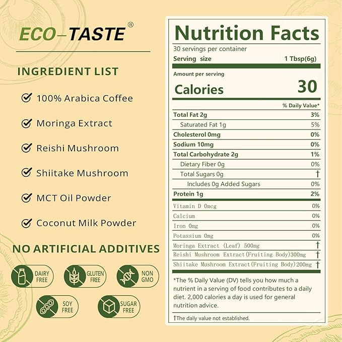 Moringa Mushroom Coffee Infused with Reishi, Moringa & Shiitake - 30% Beta-Glucans, Nutrient-rich and Antioxidants - 6.35oz (180g)