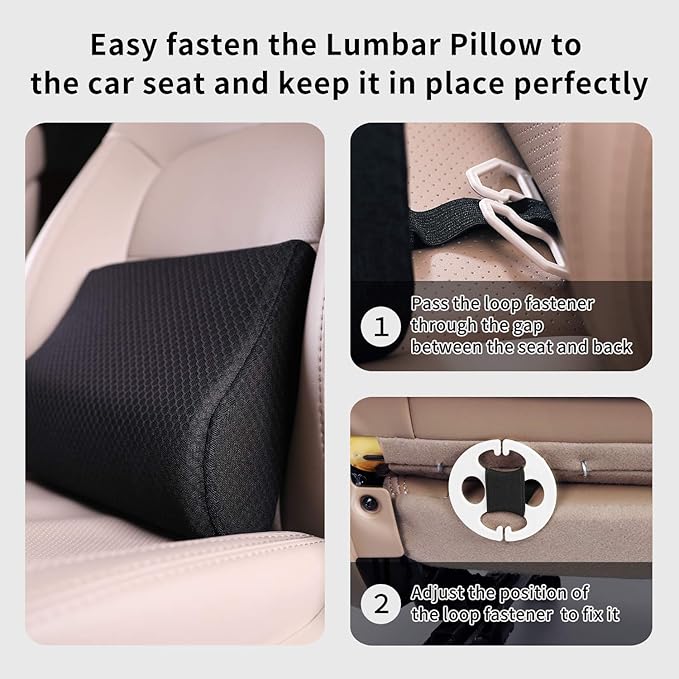 Memory Foam Lumbar Support Pillow for Car - Lower Back Support Cushion for Driving, Back Pain Relief for Car Seat, Office Chair, Wheelchair (Black)