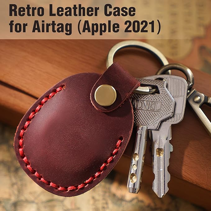 Genuine Leather Airtag Holder, Portable Air Tag Keychain with Key Rings Full Coverage Air Tags Hidden Case Cover Compatible for AirTags Red
