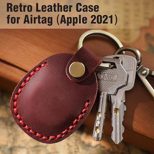 Genuine Leather Airtag Holder, Portable Air Tag Keychain with Key Rings Full Coverage Air Tags Hidden Case Cover Compatible for AirTags Red