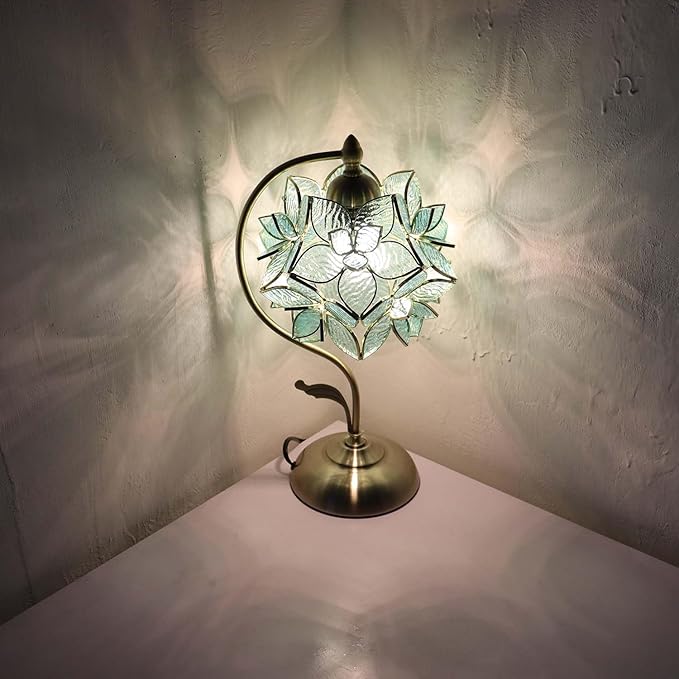 Bieye L10960 Tiffany Style Stained Glass Flower Petal Table Lamp with Brass Base for Home Décor (Light Blue, 8" Rose Lily)