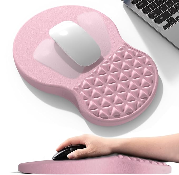 Ergonomic Mouse Pad Wrist Support with Foam Massage Design, Pain Relief Mousepad with Wrist Rest, Non-Slip PU Base, Pink Mouse Pads for Women, Desk, Office & Home