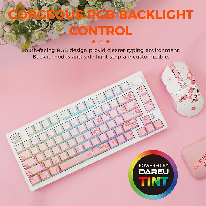 DAREU EK75PRO Sakura Pink Wireless Mechanical Gaming Keyboard,75% Hot Swap Creamy Keyboard with Knob,RGB Backlit,Gasket Custom Structure,Side Printed PBT Keycaps,2.4Ghz/BT5.1/USB-C, for Win/MAC