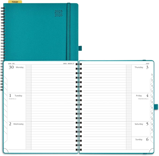 POPRUN Planner 2025-2026, Horizontal Weekly Notebook Jul.25-Jun.26 (Large 8.5''x 10.5''), Academic Calendar Book with Monthly Tabs, Spiral Soft Cover, Inner Pocket, 100 GSM - Pacific Green
