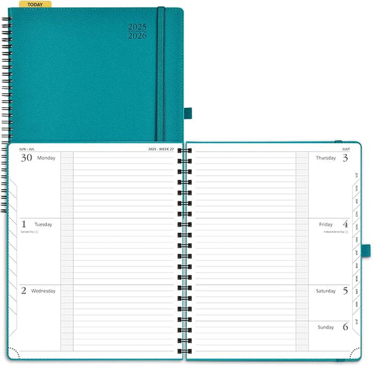 POPRUN Planner 2025-2026, Horizontal Weekly Notebook Jul.25-Jun.26 (Large 8.5''x 10.5''), Academic Calendar Book with Monthly Tabs, Spiral Soft Cover, Inner Pocket, 100 GSM - Pacific Green