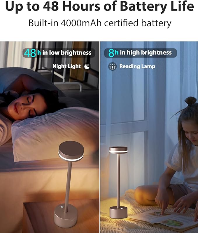 Modern Rechargeable Cordless Table Lamp, Aluminum Shell Dimmable Battery Powered Lamp, 4000mAh Certified Battery, 3000K Portable Warm White Bedside Lamp, Pack of 2 (Brown)