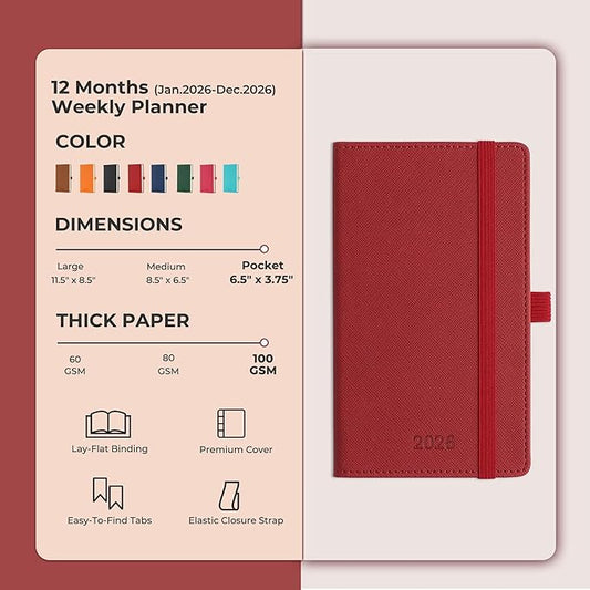 Weekly Monthly 2026 Planner (Jan.26-Dec.26),6.5"x3.75",12 Months Agenda Plan with Month Tabs & Pocket,Expenses/Note Pages, Appointment Book Calendar with Hardcover Vegan Leather Cover,Red