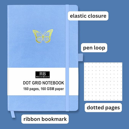 RICCO BELLO Hardcover Dot Grid Journal Notebook, Lay Flat Design, Pen Holder, 5.7 x 8.4 inches, Thick 160 gsm Paper, 80 sheets/160 pages (Blue Butterfly)