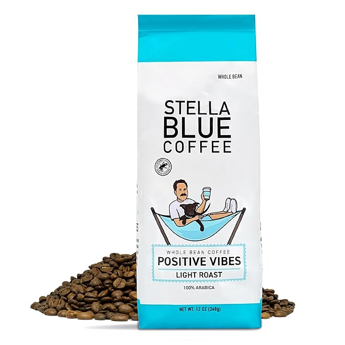 Stella Blue Whole Bean Coffee, Positive Vibes Blend, Light Roast, Vanilla and Fruity Notes, 100% Arabica, Ethically Sourced from Central and South America, 12 oz bag