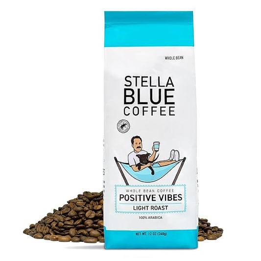 Stella Blue Whole Bean Coffee, Positive Vibes Blend, Light Roast, Vanilla and Fruity Notes, 100% Arabica, Ethically Sourced from Central and South America, 12 oz bag