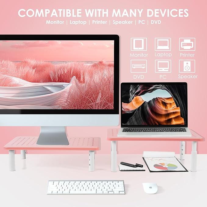 Monitor Riser Desktop Stand, Flat Screen TV Monitor Stand Riser, Sturdy Metal Laptop Computer Monitor Stand Shelf for Printer, iMac, 3 Height Adjustable PC Stand with Mesh Platform