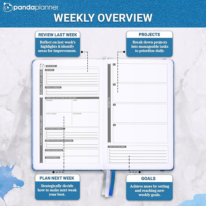 Panda Planner 2025-2026 – Undated Classic Daily Planner & Hourly Schedule Planner Notebook – Productivity Planner for Focus & Goals – Blue