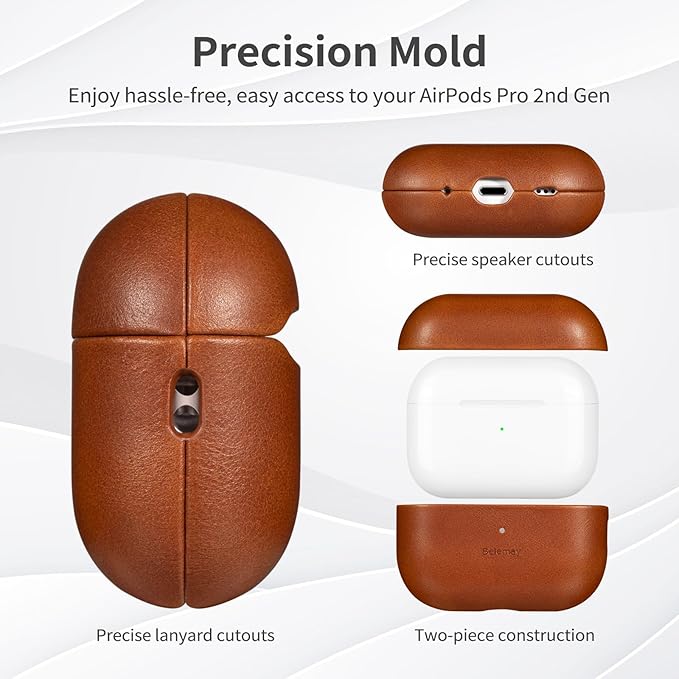 Belemay for AirPods Pro 2nd Generation Case, Compatible with MagSafe and Wireless Charging, Luxury Full-Grain Smooth Leather, Unique Patina, Comfort Grip, Compatible with Airpods Pro 2, Brown