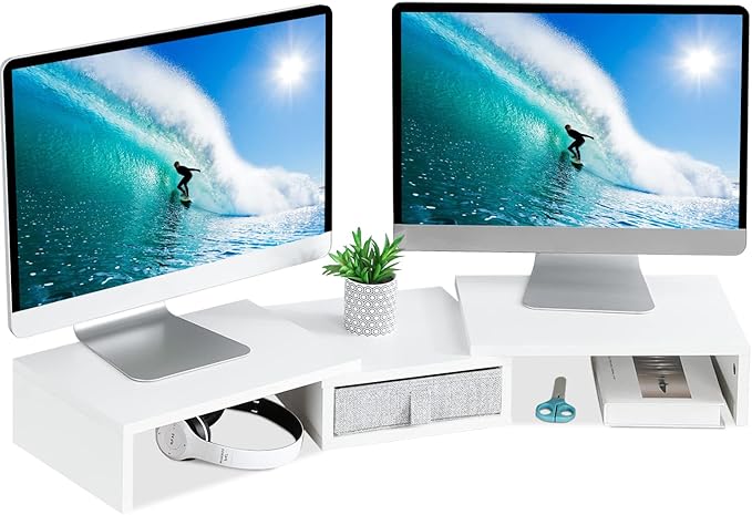 TEAMIX White Dual Monitor Stand Riser with Drawer - Length and Angle Adjustable Double Corner Desk Shelf Organizer 37 inch Long for 2 Laptop/PC/Screen/TV