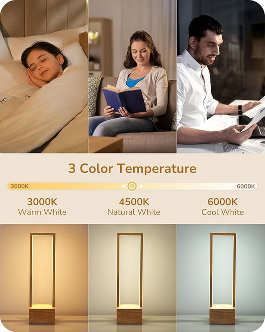 EDISHINE LED Table Lamp, Wooden Bedside Lamp with 3 Color Temperatures, Dimmable Square Nightstand Lamp for Bedroom Living Room, Complete Original Burlyood Color Base